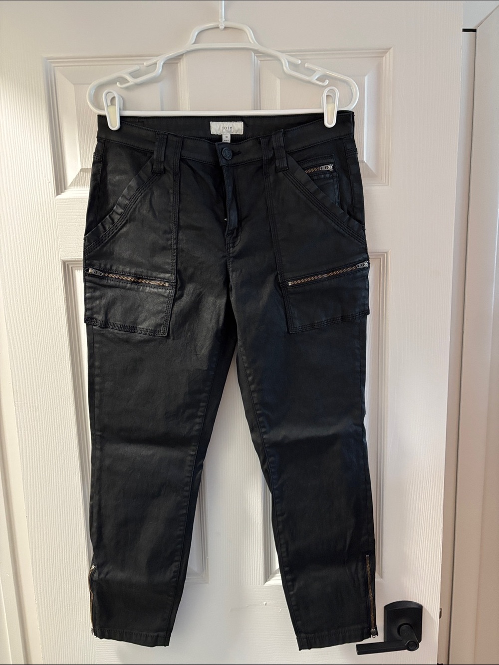 Joie Park Coated Black Ankle Cargo Jeans with Zipper Details